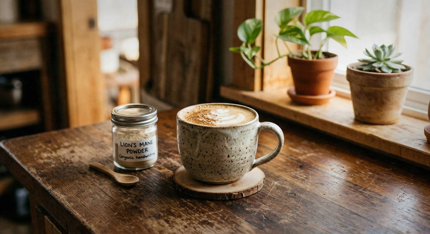 Creamy lion's mane coffee latte in a ceramic mug