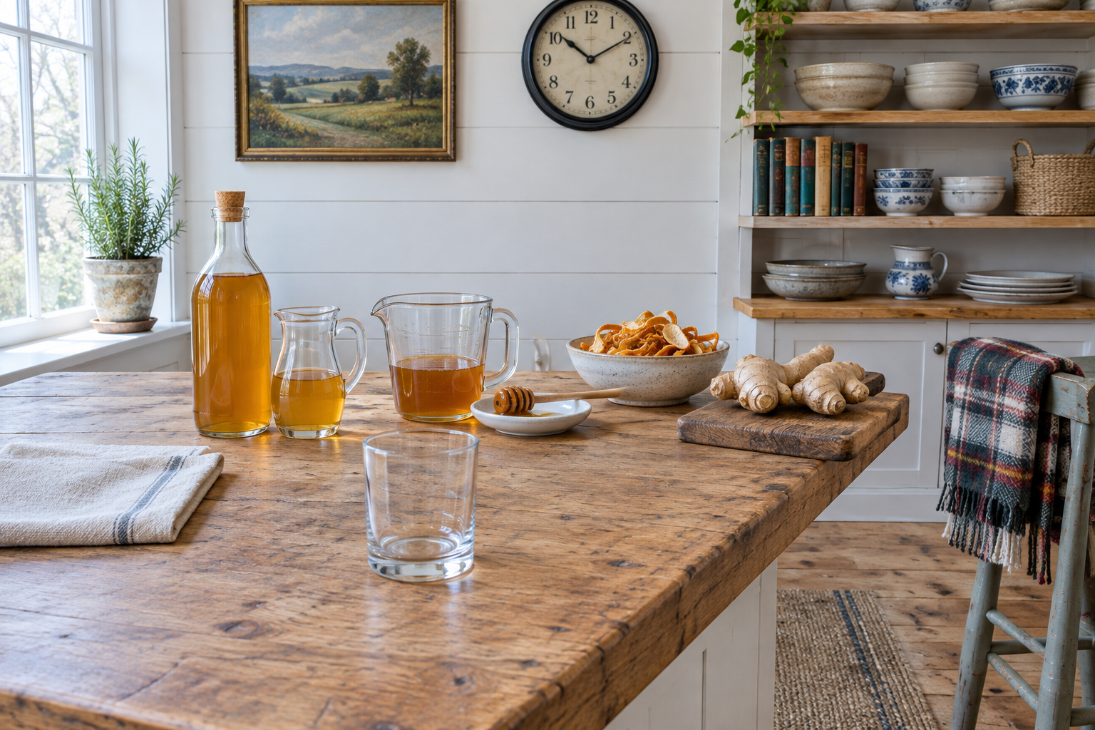 Measured ingredients for oxymel: dried orange peel, fresh ginger slices, apple cider vinegar, and raw honey