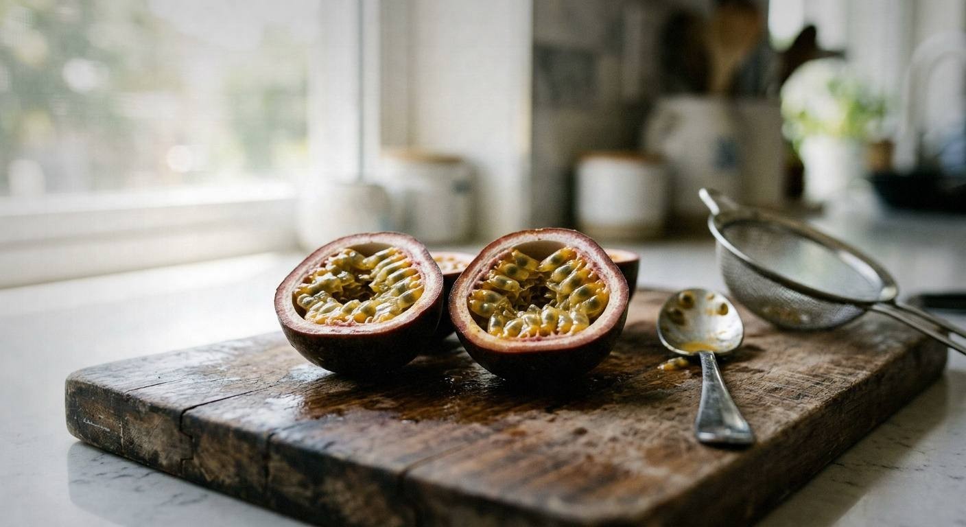 Passion fruit puree being poured into a tall glass with fresh lime halves and a bottle of Topo Chico sparkling water on a bright surface