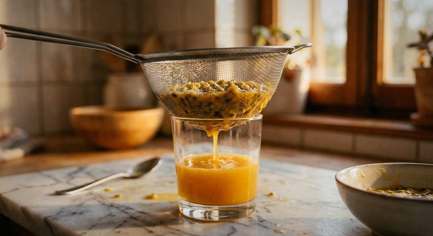 Sparkling passion fruit mocktail in a tall glass with visible seeds, fresh mint garnish, and half a passion fruit on the rim, bright tropical light on a light surface