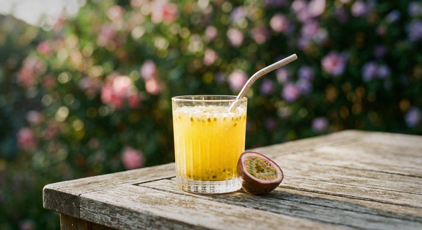 Two passion fruit mocktails on a bright surface with fresh passion fruits cut open showing seeds, lime wedges, and mint sprigs scattered around, summer drink photography
