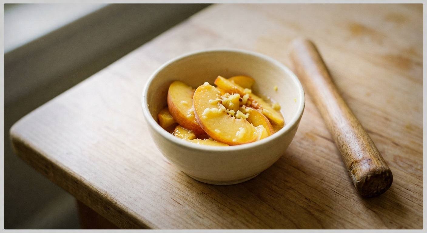 Fresh peach slices muddled with grated ginger root and raw honey in glass, showing golden juice and fibrous ginger pieces for digestive mocktail