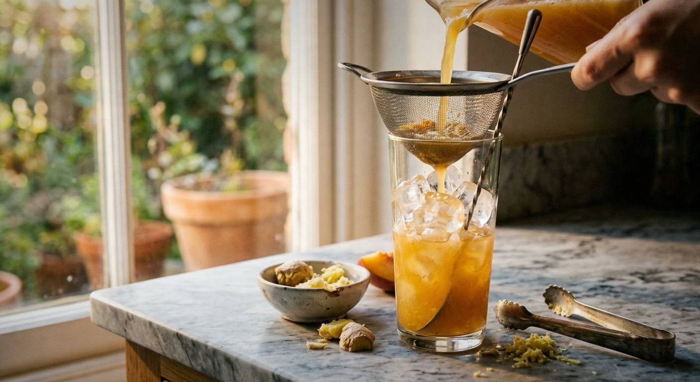Straining muddled peach ginger mixture through fine mesh over ice-filled glass for spring mocktail recipe
