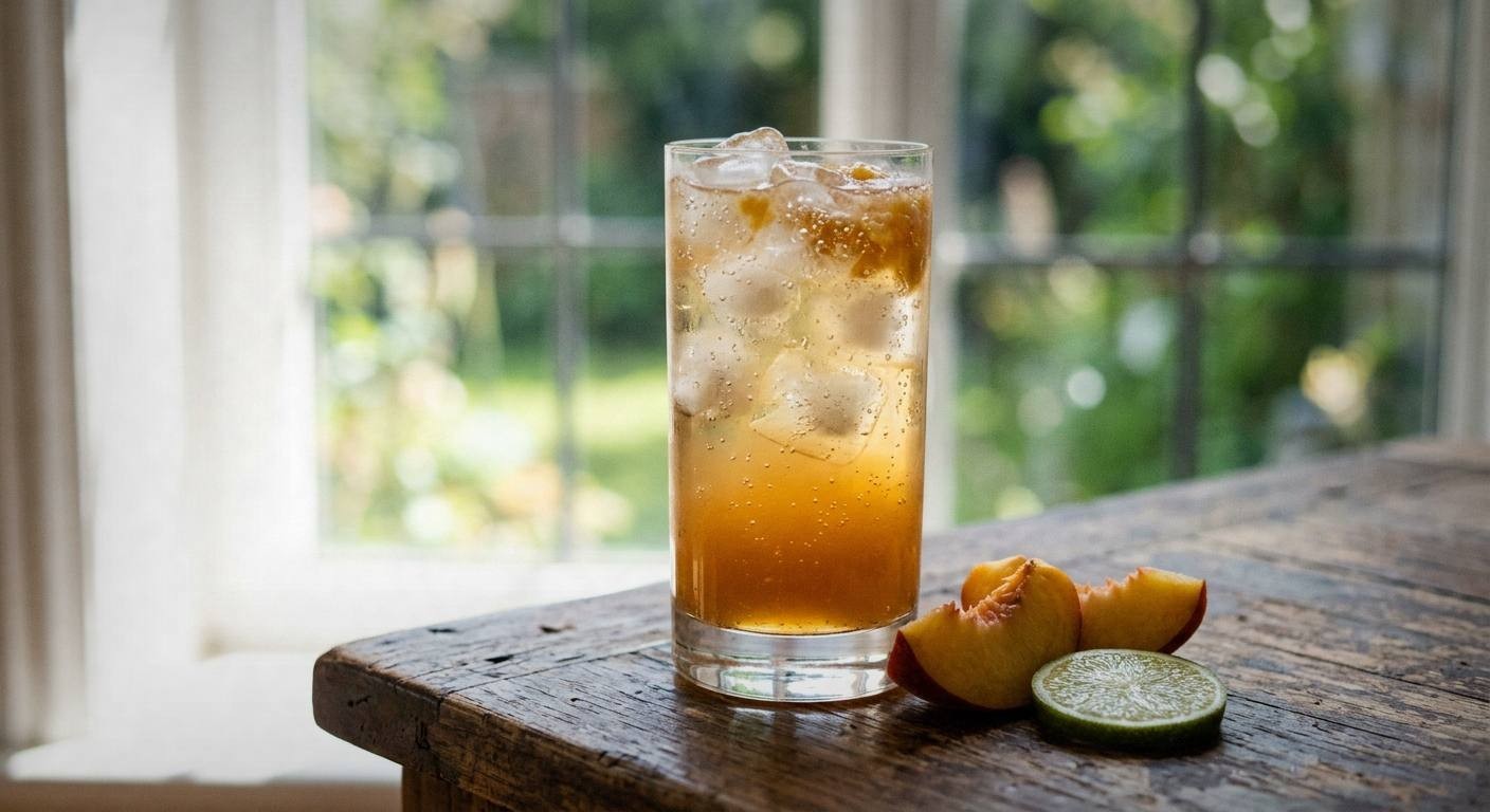 Finished peach ginger fizz mocktail with lime in tall glass with ice, condensation, fresh mint garnish, outdoor spring light for digestive health drink