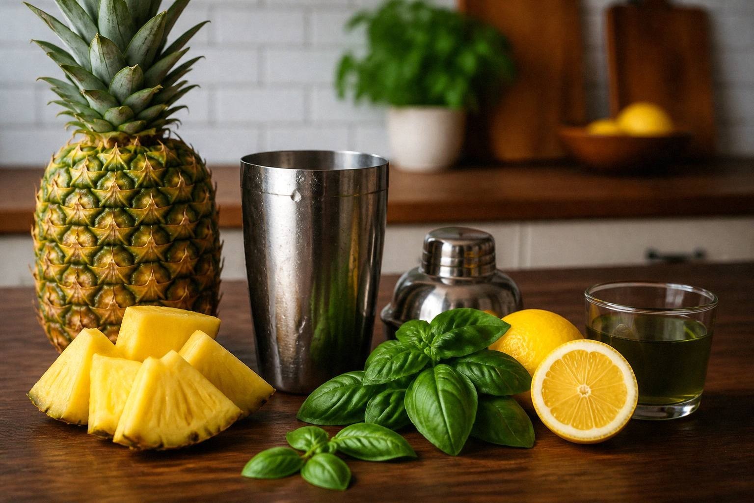 Measured diced pineapple, basil, vodka, pineapple juice and lemon for a Pineapple Basil Smash.
