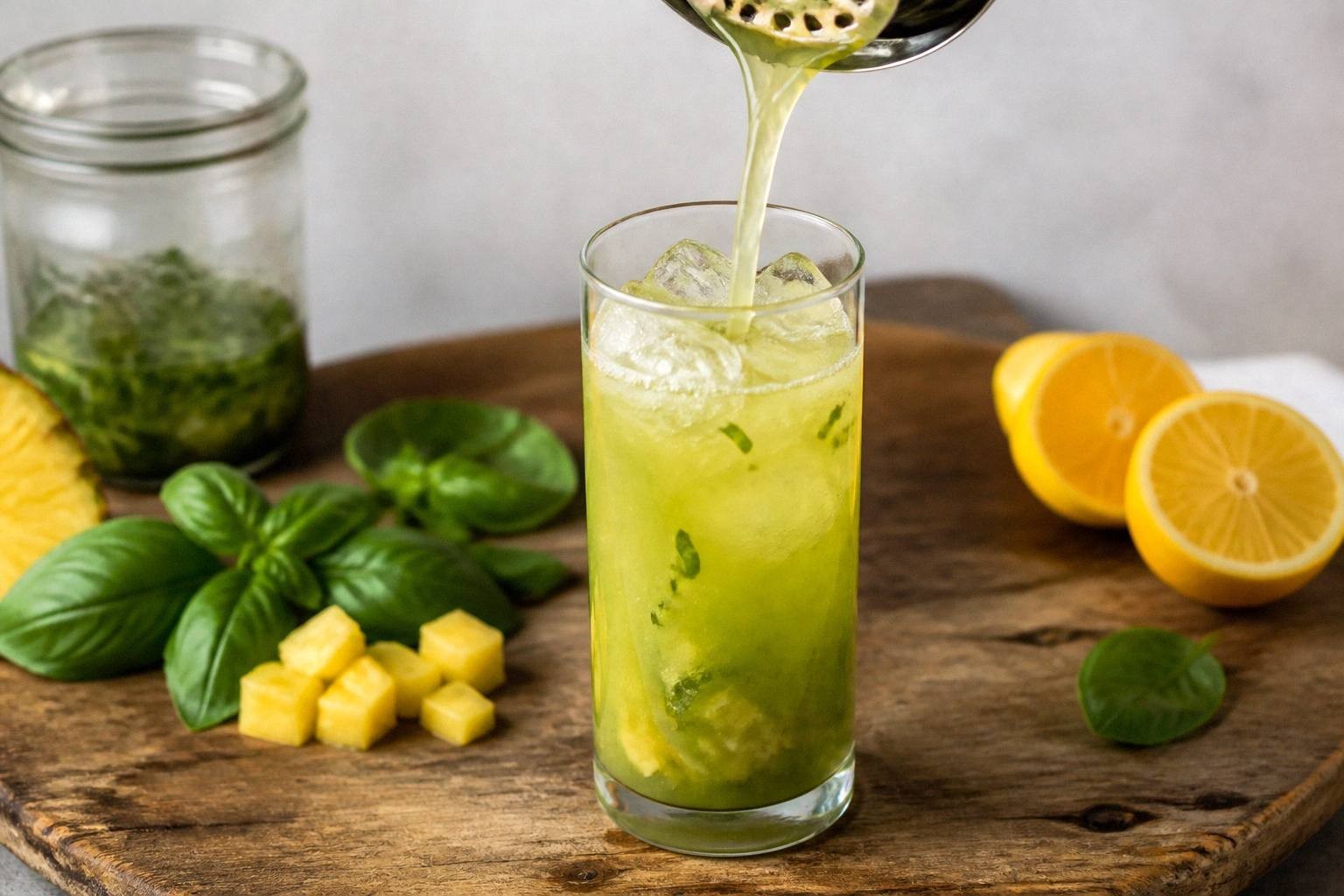 Pineapple Basil Smash poured into a tall glass with ice and muddled fruit.