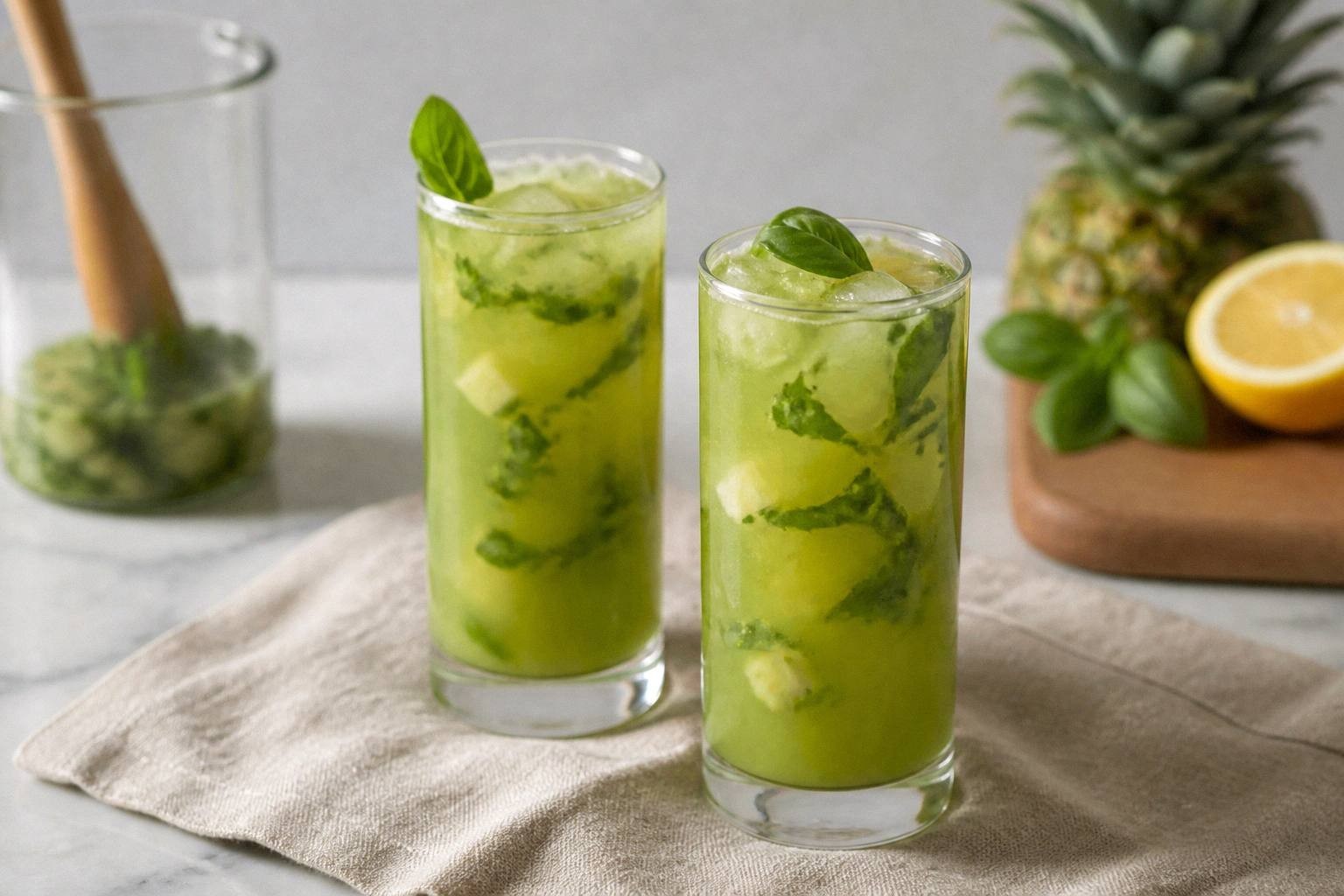 Two pineapple basil smash cocktails in Collins glasses with fresh basil and pineapple garnish.
