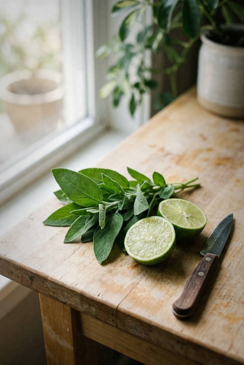 Fresh pineapple sage leaves and bright red sage flowers on white marble counter next to lime halves and glass bottle of sparkling water with condensation