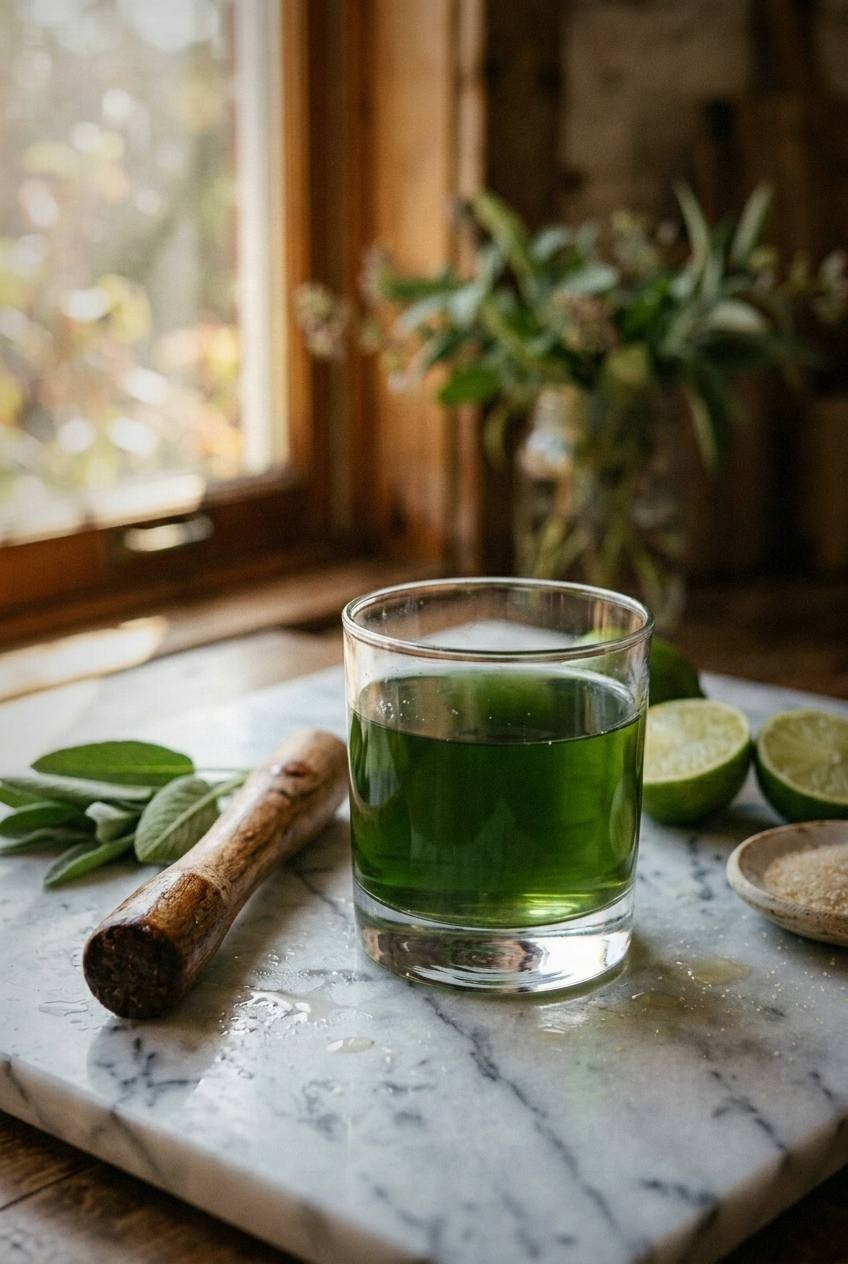 Hands muddling fresh pineapple sage leaves with lime juice in clear glass, wooden muddler pressing green leaves against bottom, natural afternoon light from window