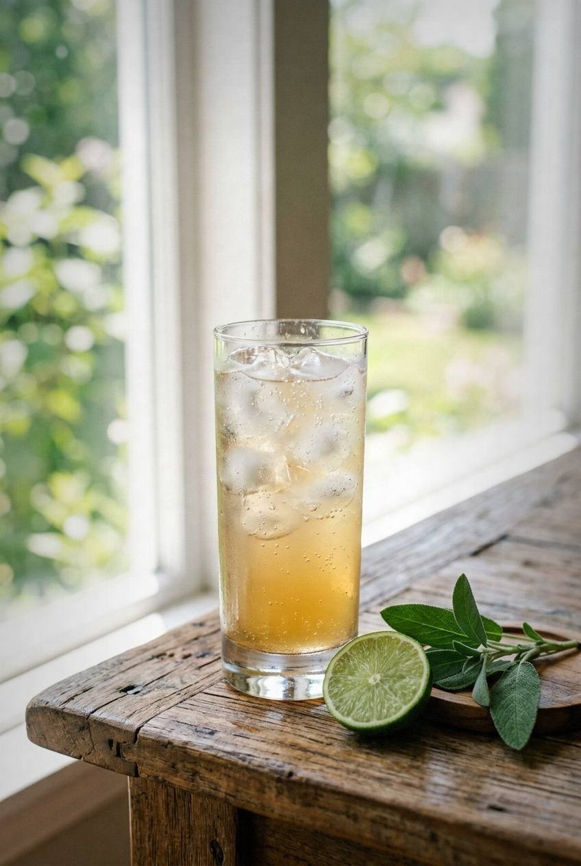 Tall glass of pineapple sage spritz with lime wheel garnish and red sage flowers, condensation on glass, ice cubes visible, bright green sage leaves suspended in sparkling water, afternoon sunlight creating shadows on outdoor table
