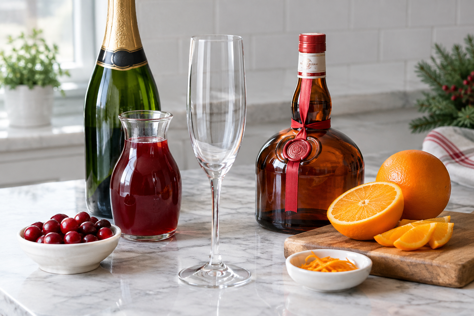 ingredients for poinsettia cocktail: champagne bottle, cranberry juice, and Grand Marnier measured in jiggers