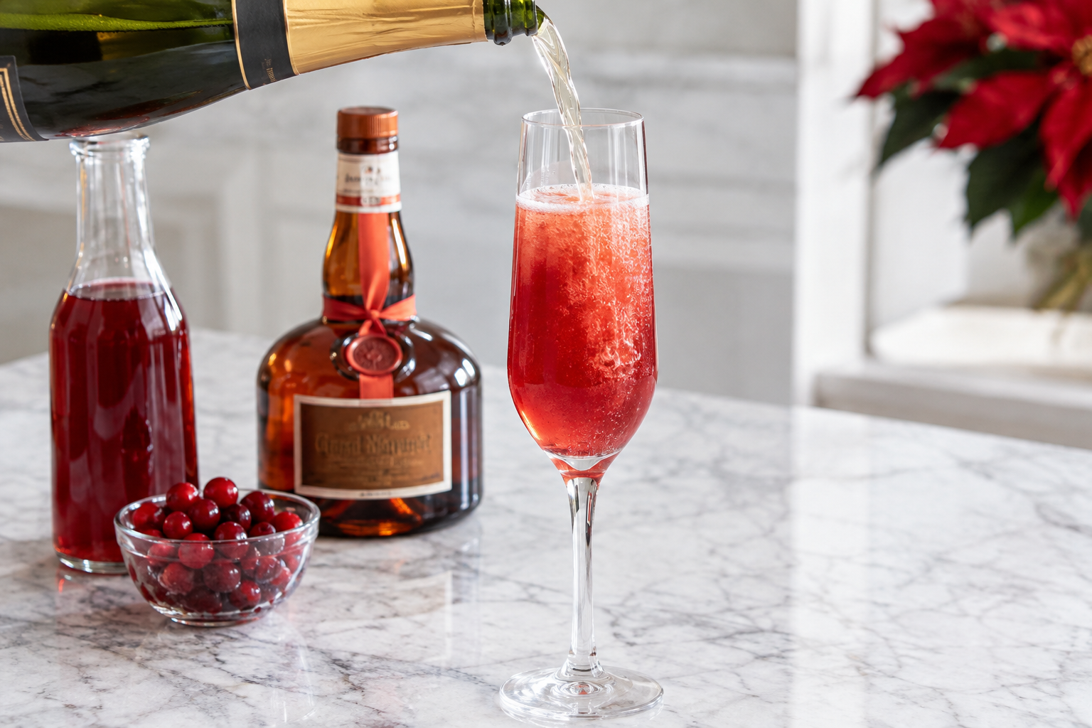 champagne being poured into a flute with cranberry juice and orange liqueur