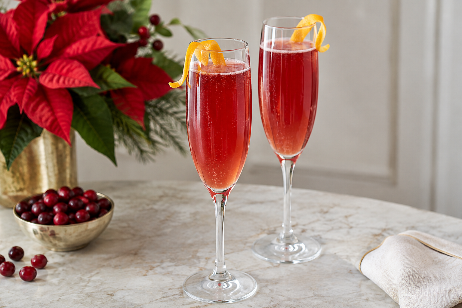 two poinsettia cocktails in champagne flutes with cranberry rosemary garnishes on a holiday table