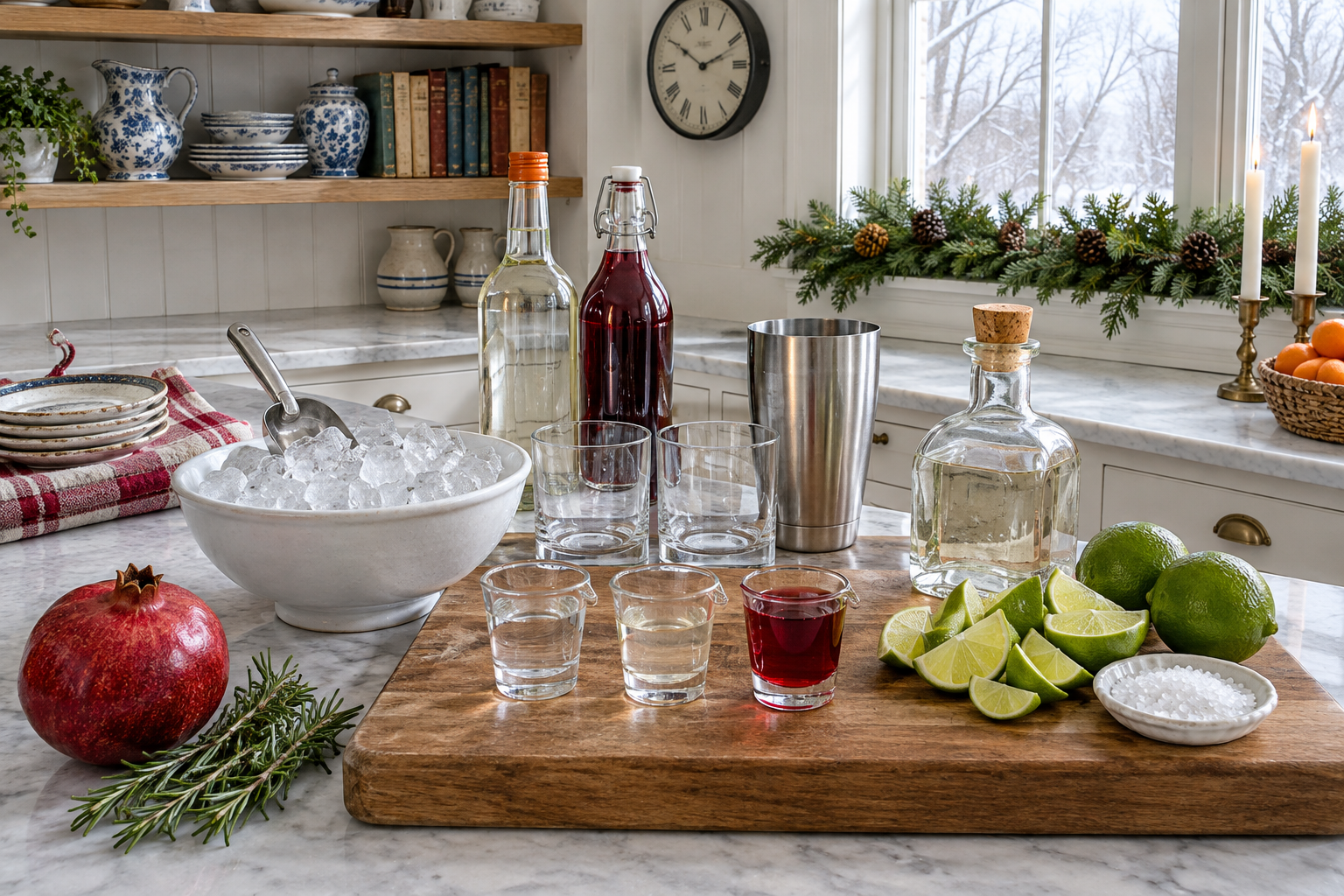 ingredients for pomegranate margarita laid out: tequila, triple sec, pomegranate juice, lime, salt