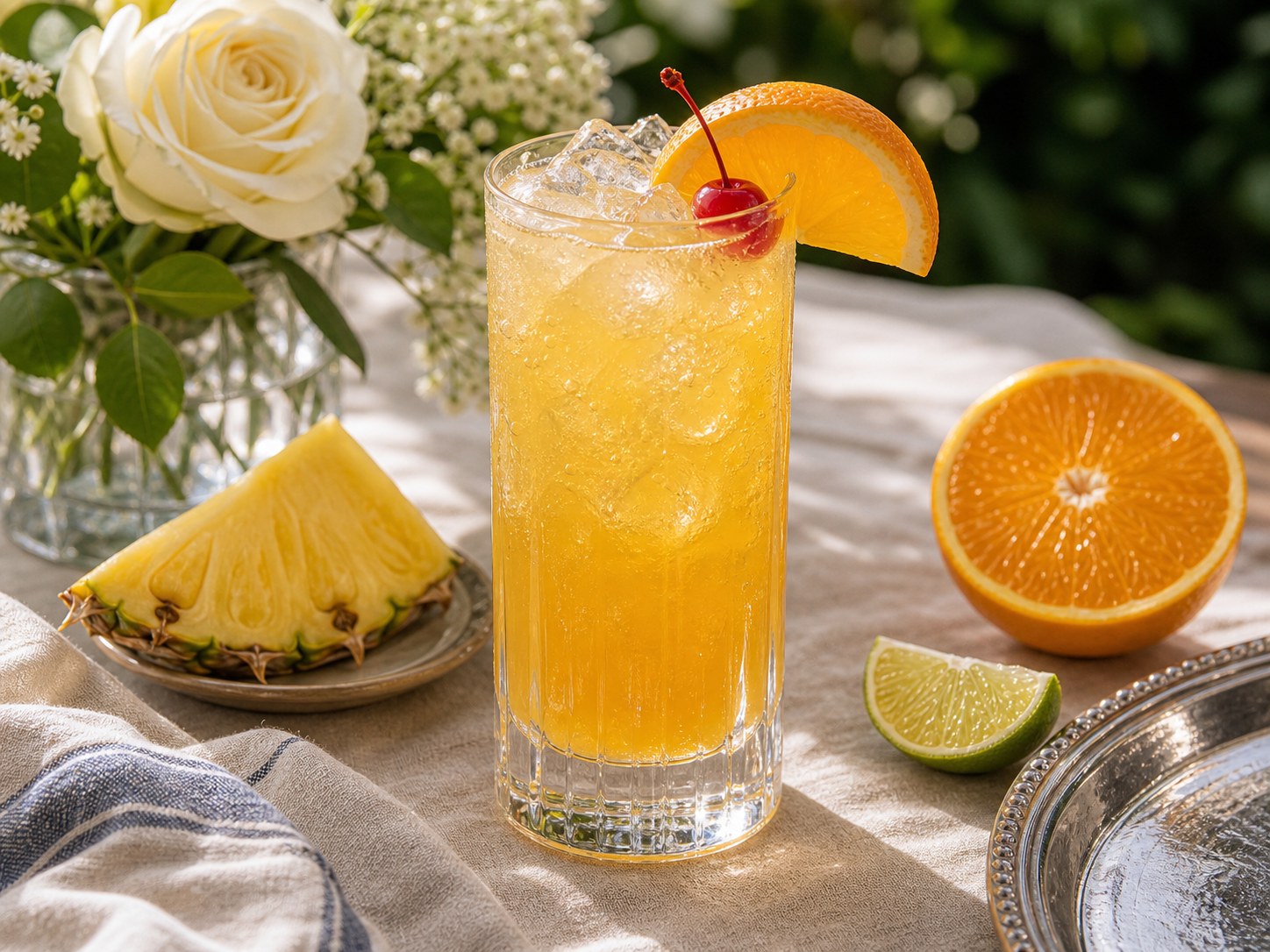 Historical 2015 Black-Eyed Susan cocktail in a tall glass with golden pineapple orange citrus color, ice, and an orange wedge garnish