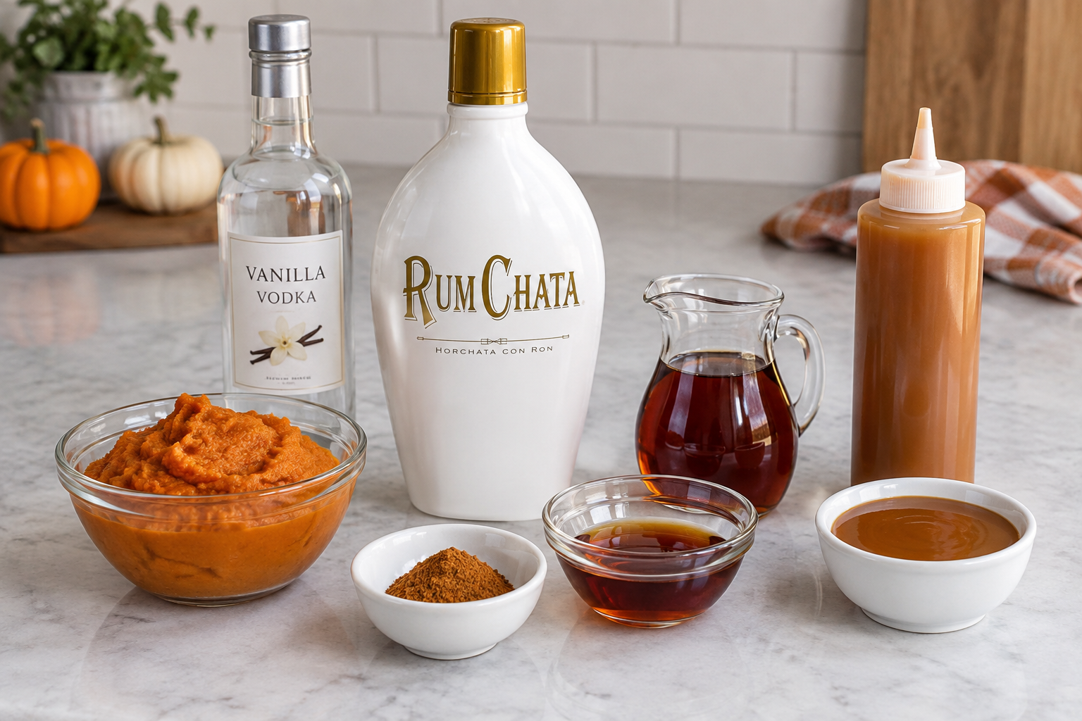 Measured ingredients for pumpkin pie martini including pumpkin puree, vodka, RumChata, maple syrup, and spices