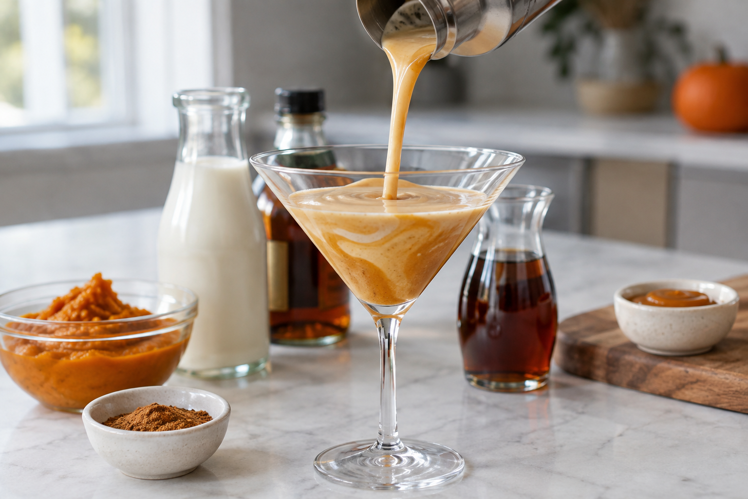 Pouring strained pumpkin pie martini from shaker into rimmed coupe glass