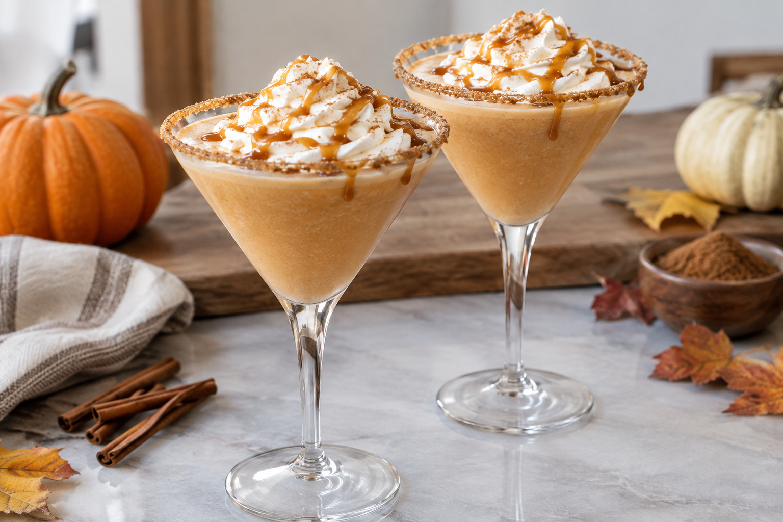Two pumpkin pie martinis with graham cracker rims and whipped cream on serving tray