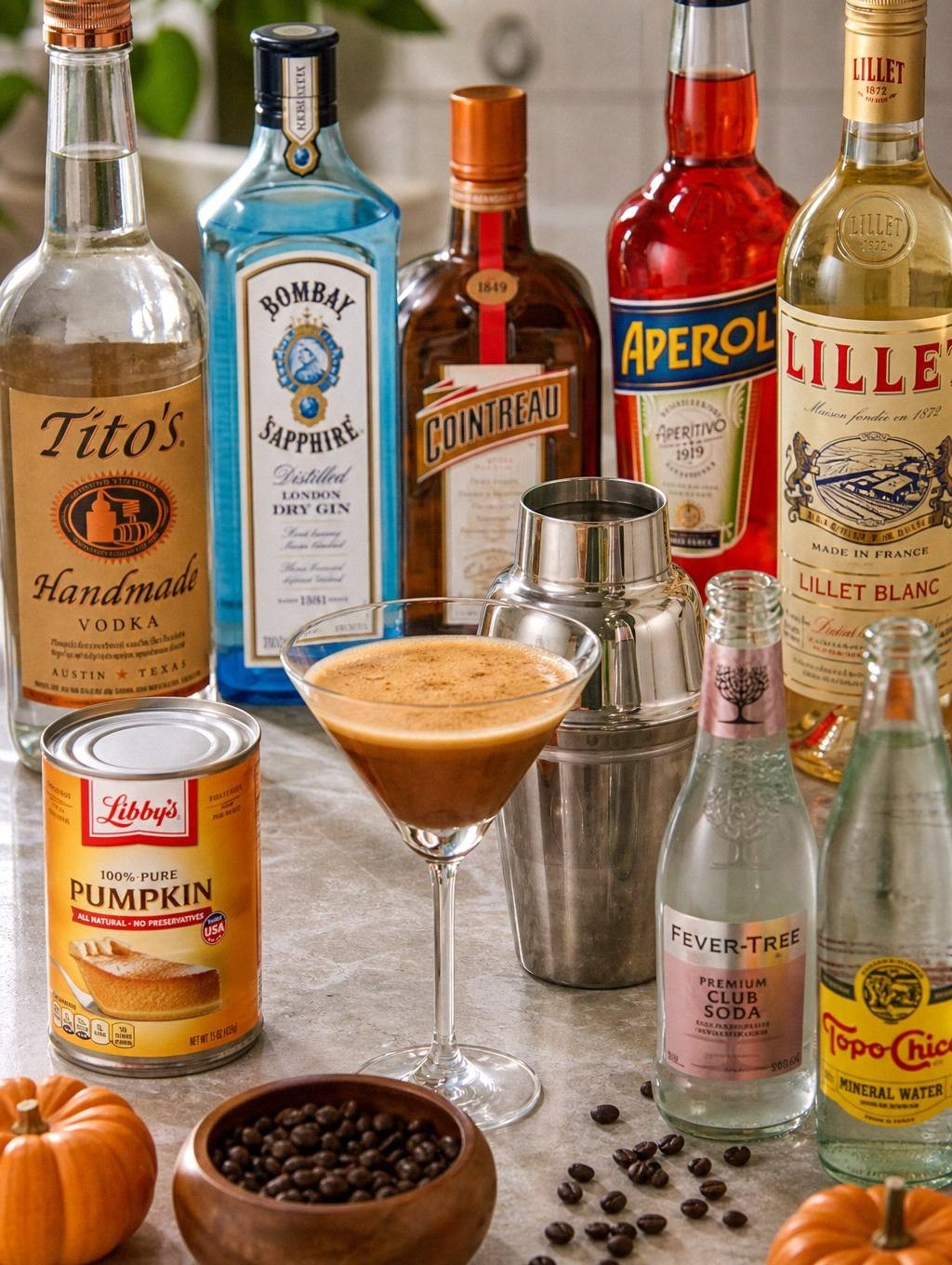 Pumpkin spice espresso martini being poured through a strainer into a coupe glass, liquid in motion