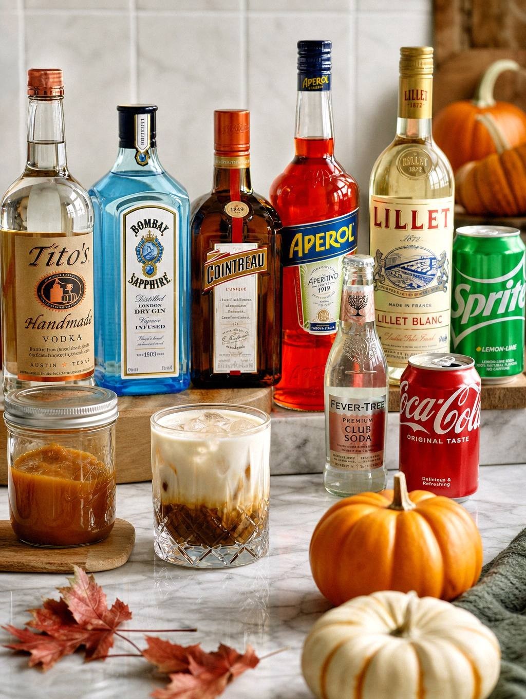 measured ingredients for pumpkin spice white russian including vodka, creamer, and coffee liqueur