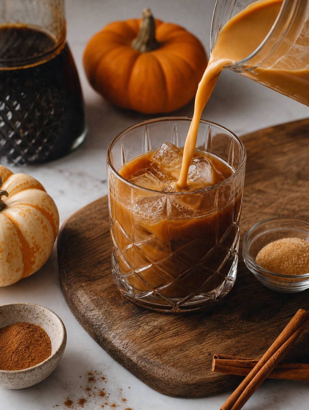 pouring pumpkin spice white russian into a rimmed glass over ice