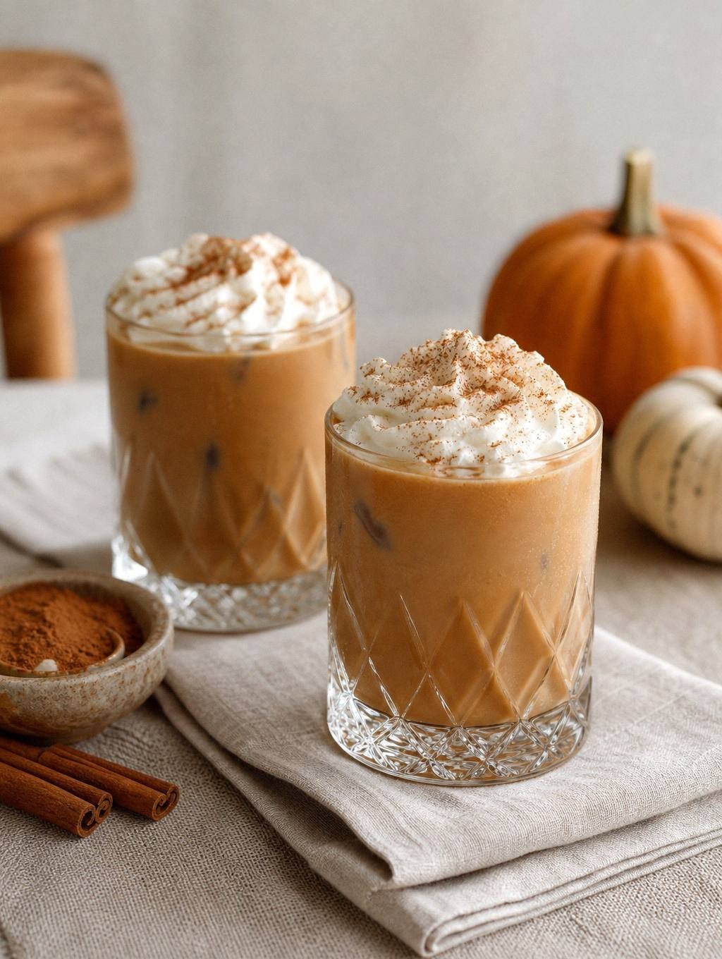 two finished pumpkin spice white russians with whipped cream garnish on a table