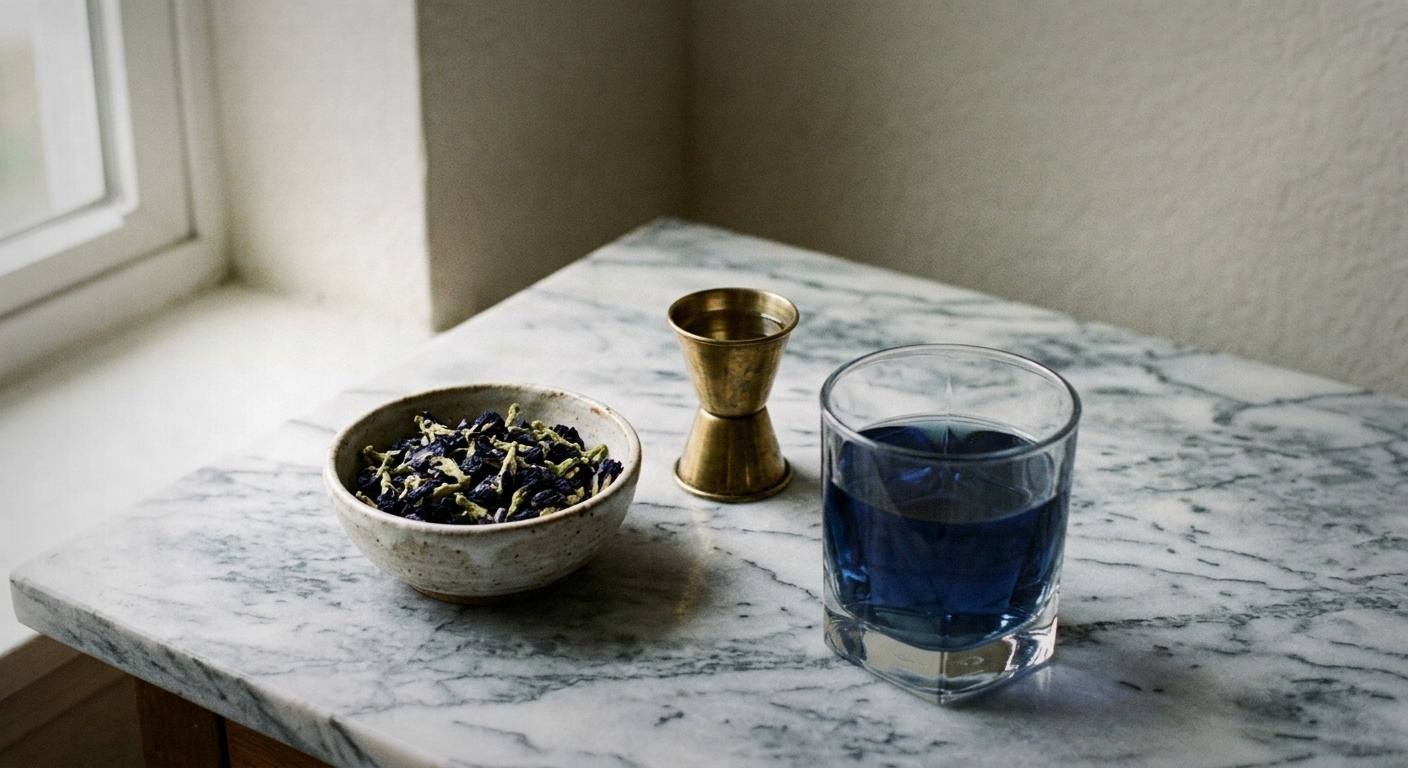 Bright blue butterfly pea flower cocktail in coupe glass with gin bottle and dried butterfly pea flowers scattered on white marble, natural spring light casting shadows
