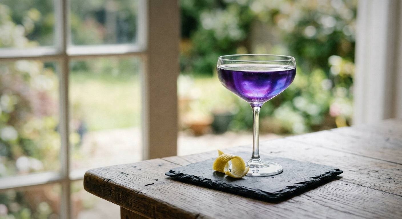Finished purple butterfly pea flower cocktail with gin and lemon in rocks glass with ice, garnished with lemon wheel and purple pansy, outdoor spring garden setting with soft natural light