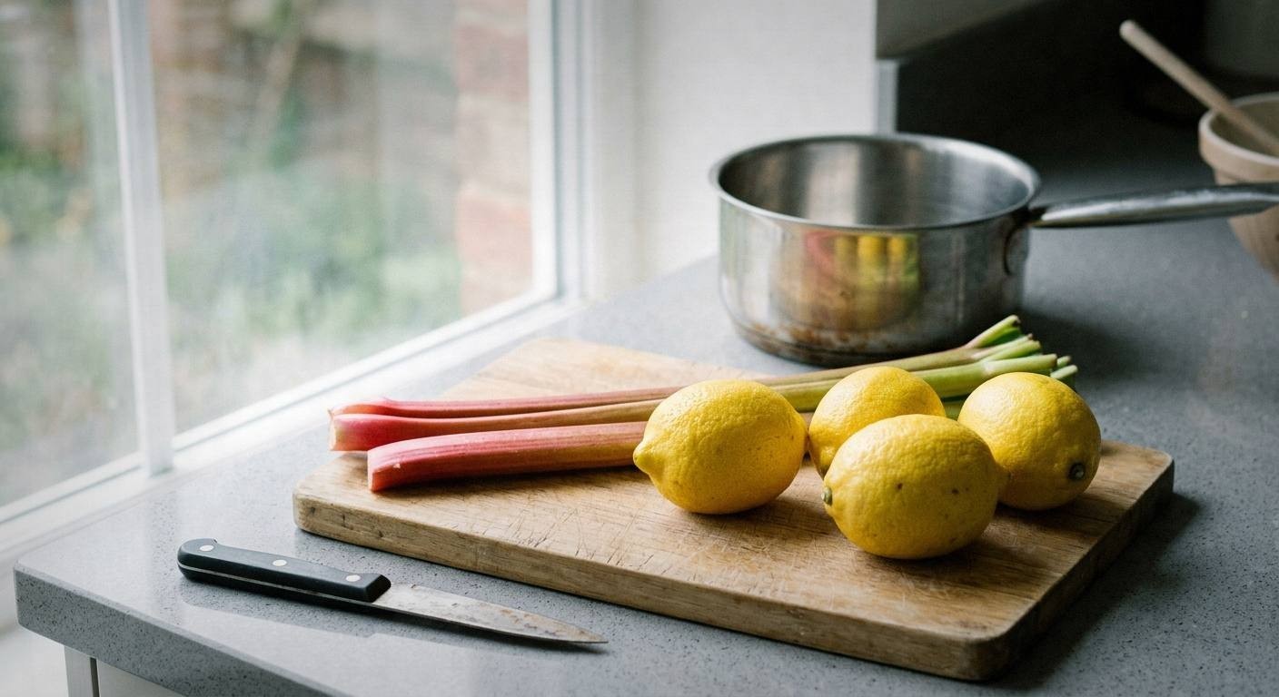 Fresh pink rhubarb stalks and dried rose petals on wooden cutting board for spring rhubarb rose mocktail recipe