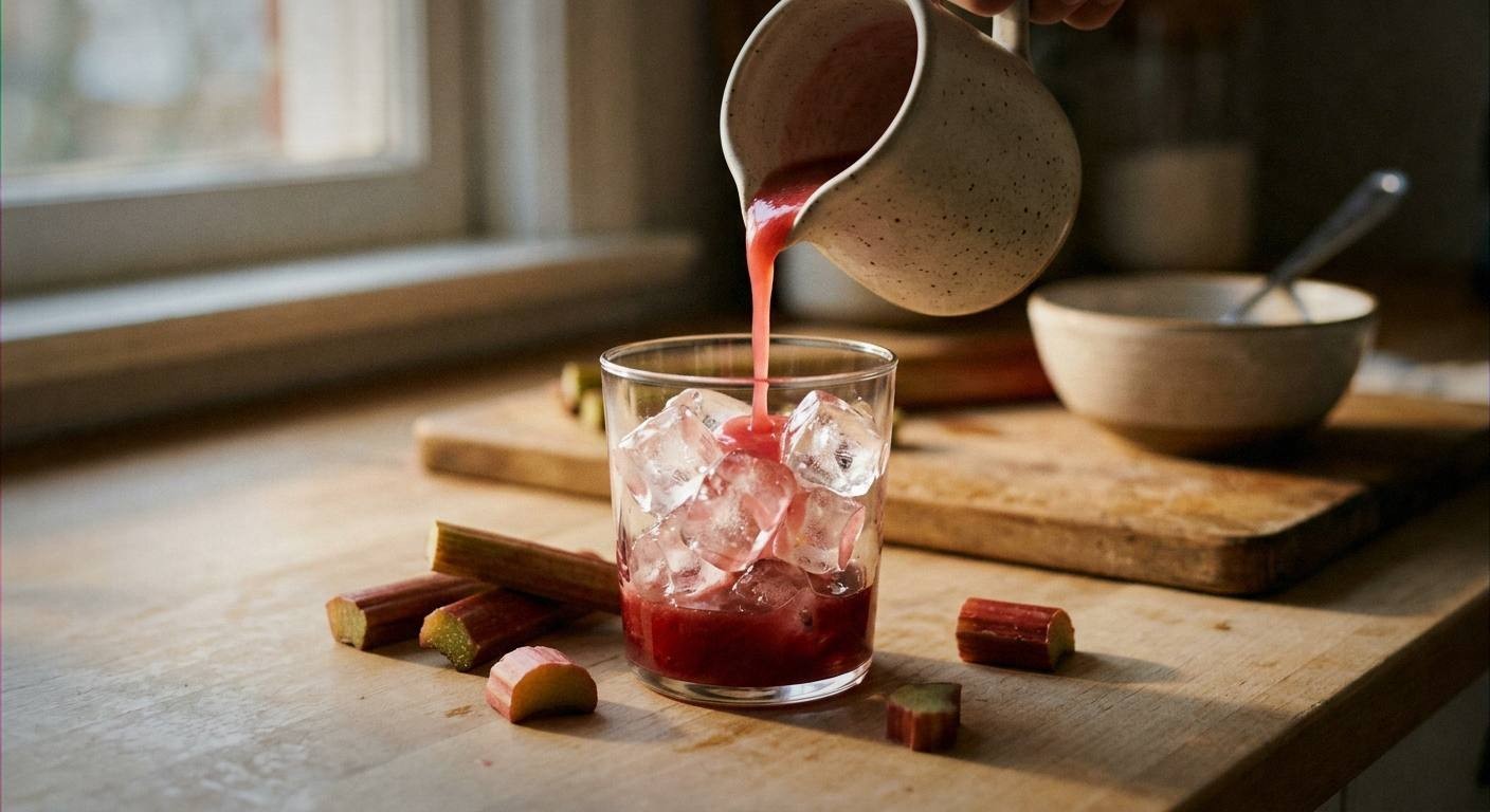 Simmering pink rhubarb syrup in saucepan with wooden spoon for homemade botanical mocktail