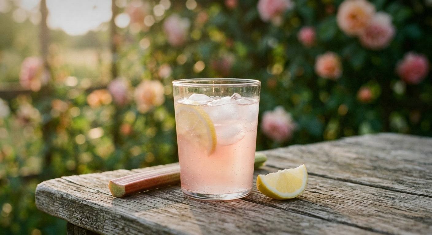 Tall glass of pink rhubarb rose lemon mocktail with ice and rose petal garnish for spring entertaining