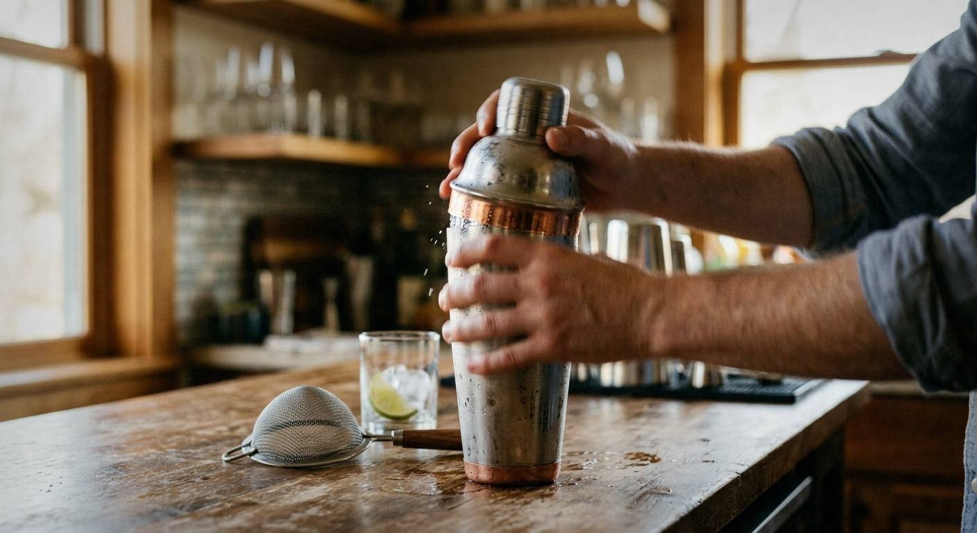 Root daiquiri cocktail being strained from a shaker into a chilled coupe glass with aged rum bottle and lime visible in the background