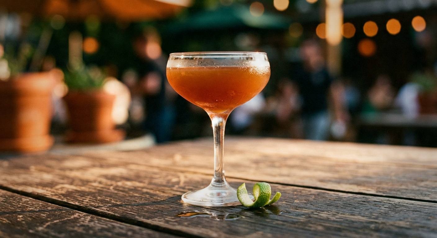 Finished root daiquiri cocktail in a coupe glass garnished with star anise and lime wheel, styled with dried roots and amber bottles on a dark moody surface