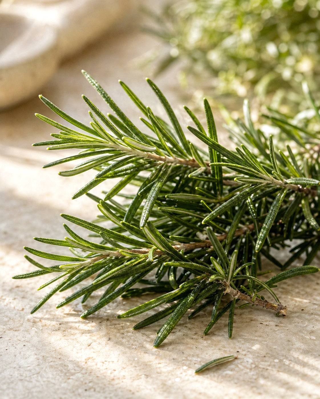 Fresh rosemary sprigs with needle-like leaves on a wooden surface