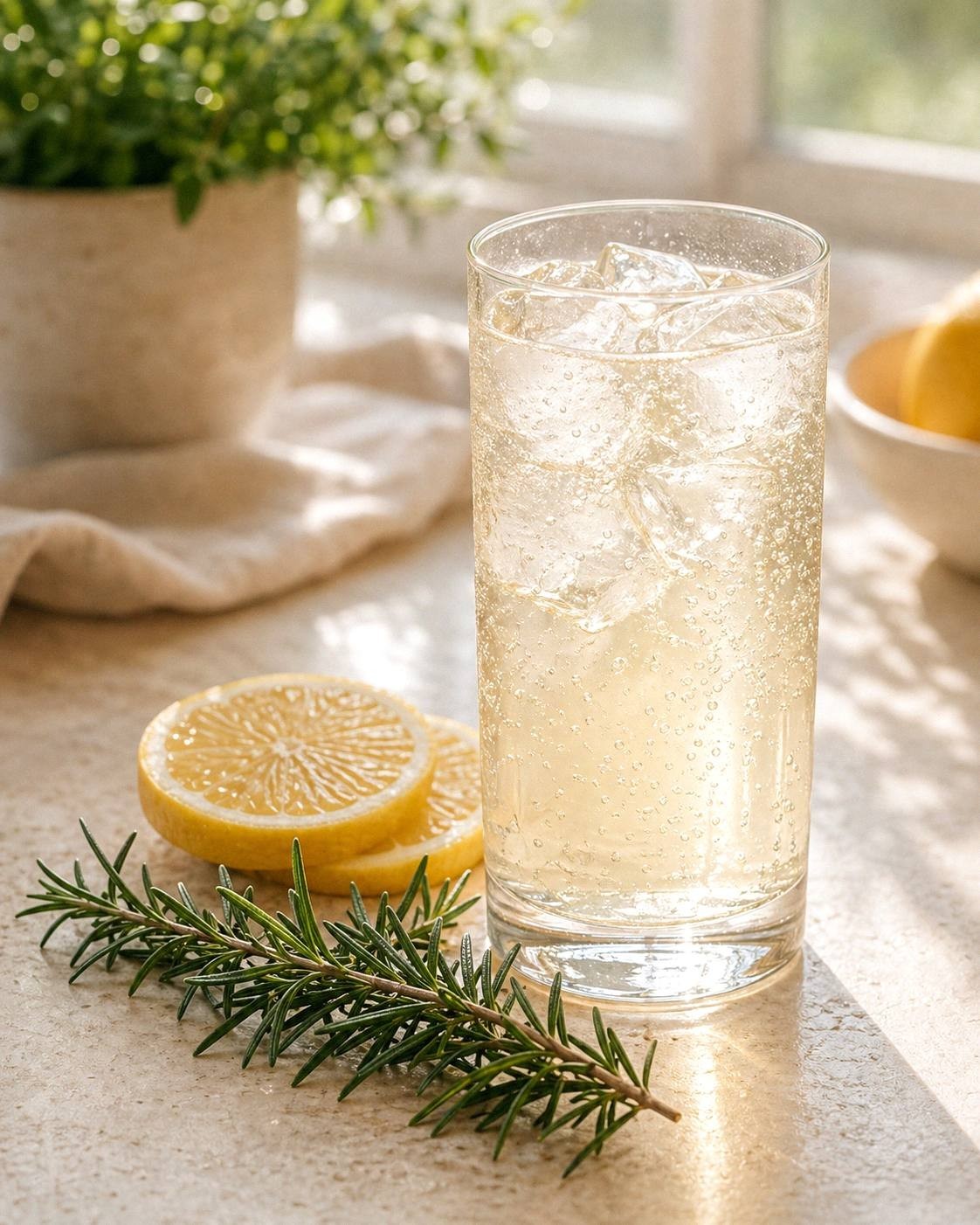 Glass of iced rosemary lemon tonic with fresh rosemary garnish and lemon slices