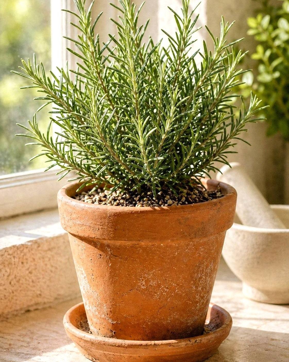 Rosemary plant growing in a terracotta pot with sunlight catching the needle-like leaves