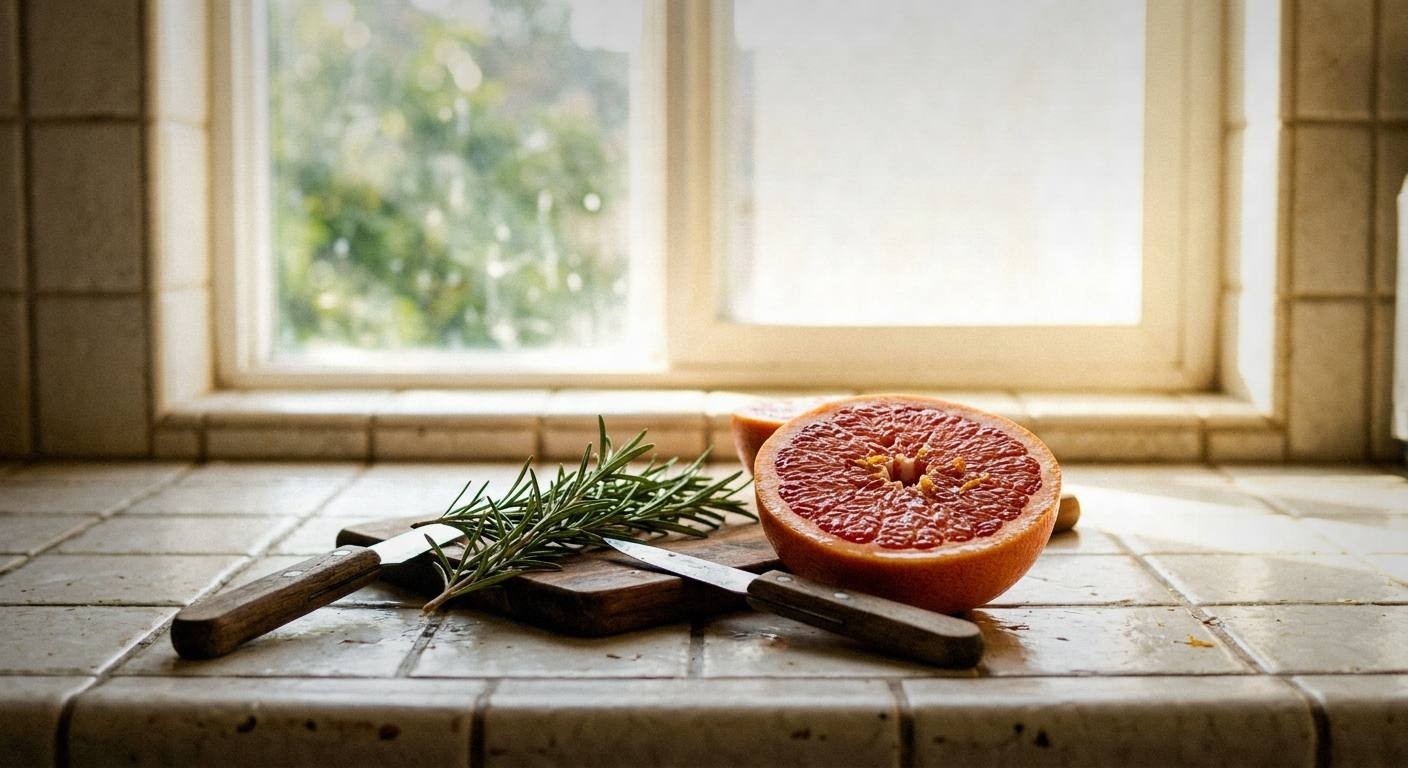 Fresh rosemary sprigs and ruby red grapefruit halves on a wooden cutting board with a citrus juicer for rosemary grapefruit mocktail preparation