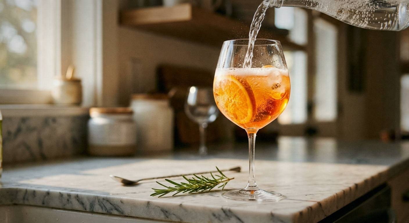 Hands muddling fresh rosemary with honey in a cocktail shaker for herbal grapefruit spritz mocktail recipe