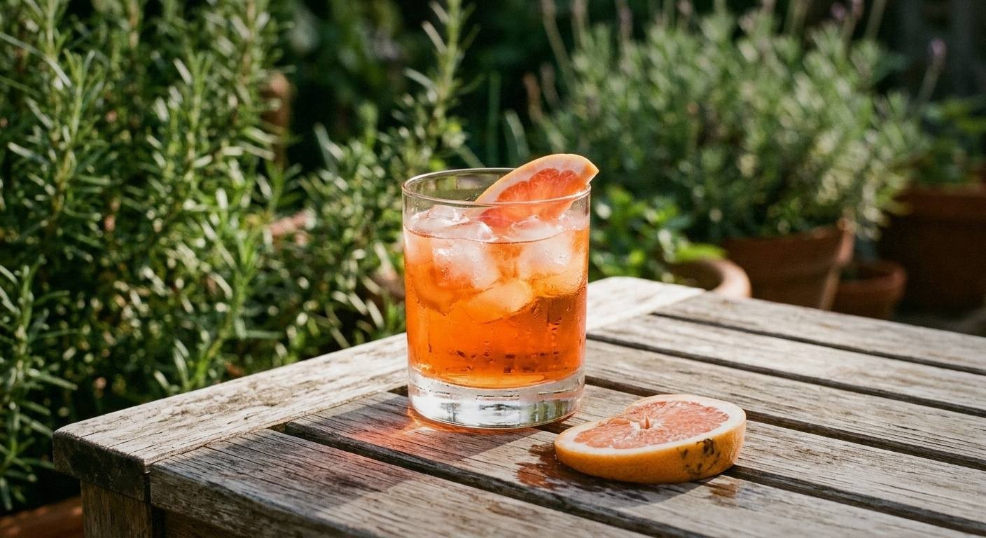 Tall glass of rosemary grapefruit spritz mocktail with fresh rosemary garnish and grapefruit wheel, sparkling bubbles visible, on a linen napkin