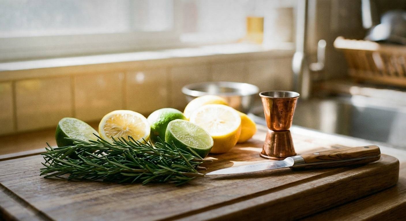Fresh rosemary sprigs and citrus arranged with cocktail glassware for herbal infused cocktails
