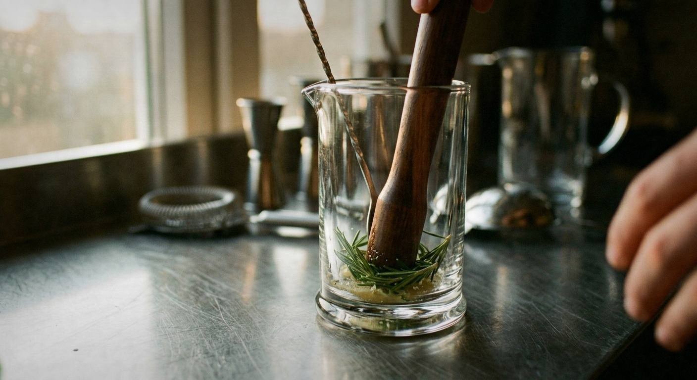 Rosemary gin cocktail being poured with fresh herbs and citrus garnish for botanical drink recipes