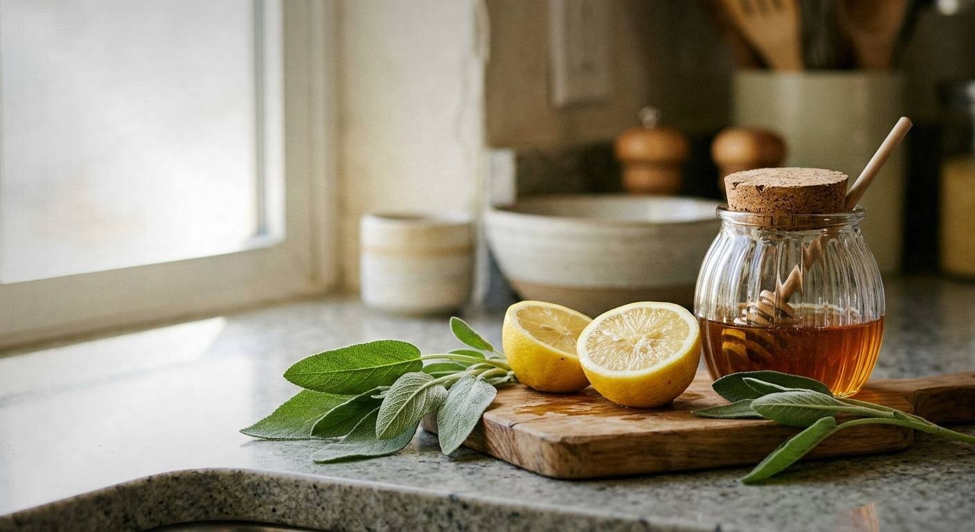 Fresh sage leaves and lemon slices on white marble with raw honey in glass jar for sage vodka sour cocktail recipe