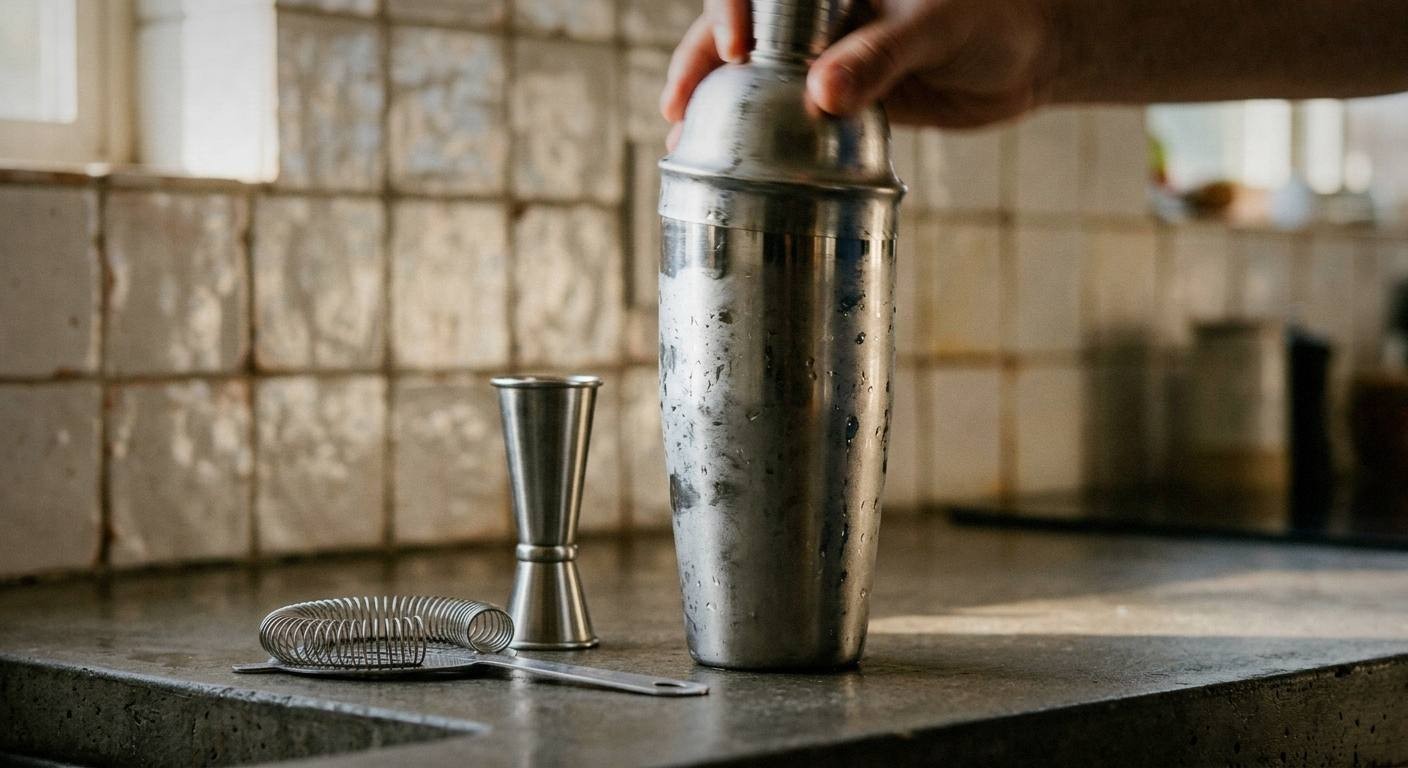 Hands shaking sage vodka sour cocktail in silver cocktail shaker with fresh herbs and lemon on wooden bar surface