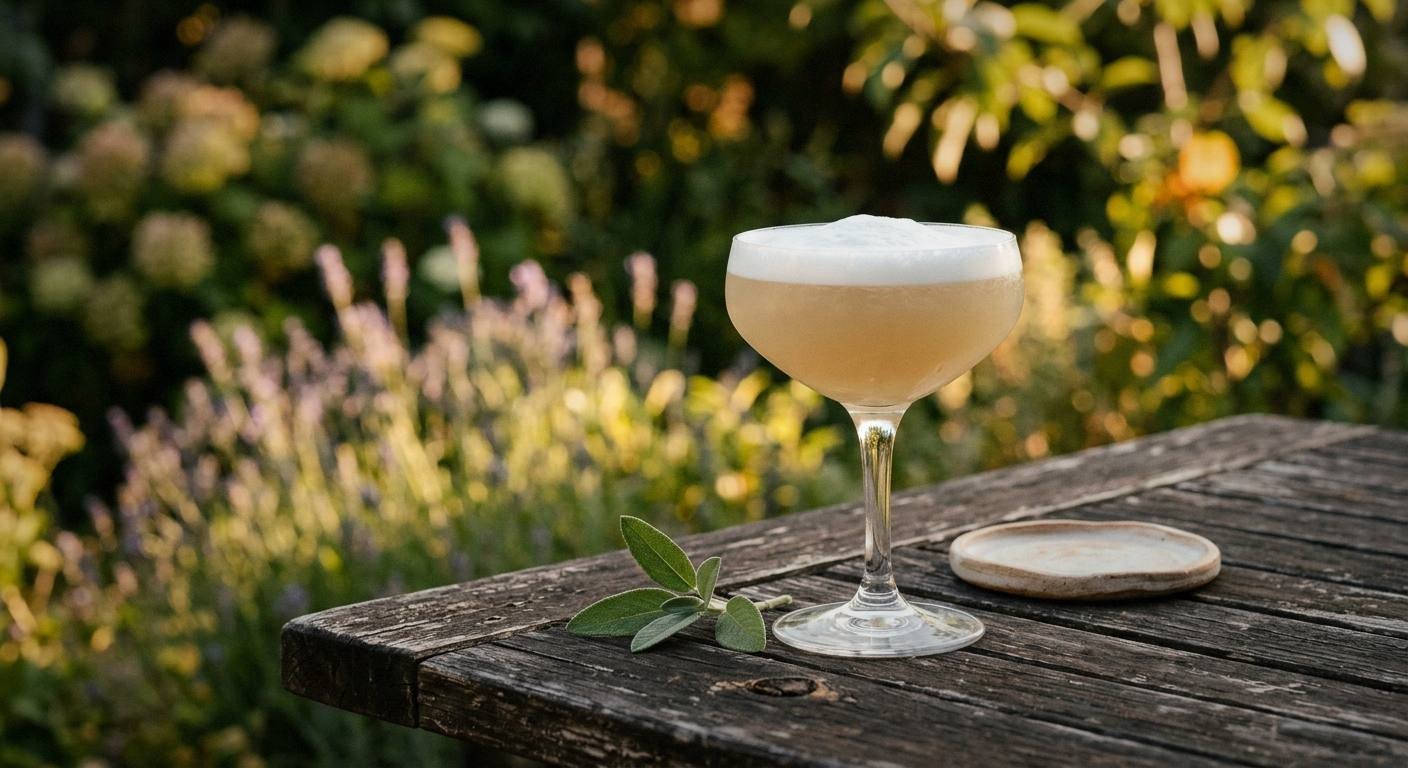 Finished sage vodka sour cocktail in coupe glass with white foam top garnished with fresh sage and lemon wheel on dark slate