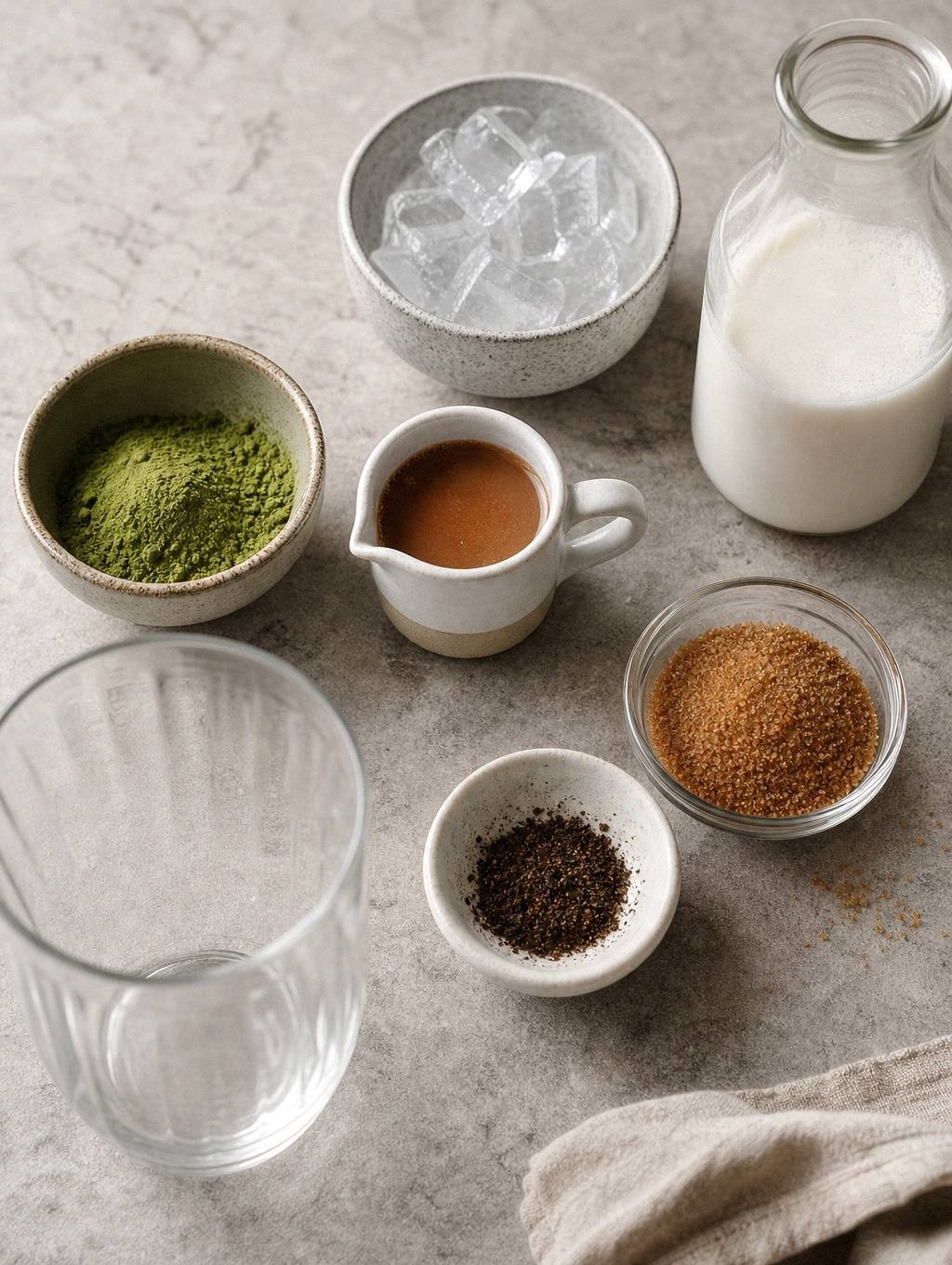 ingredients for salted caramel matcha including matcha powder, vanilla bean, coconut sugar, coconut milk, and caramel sauce measured out