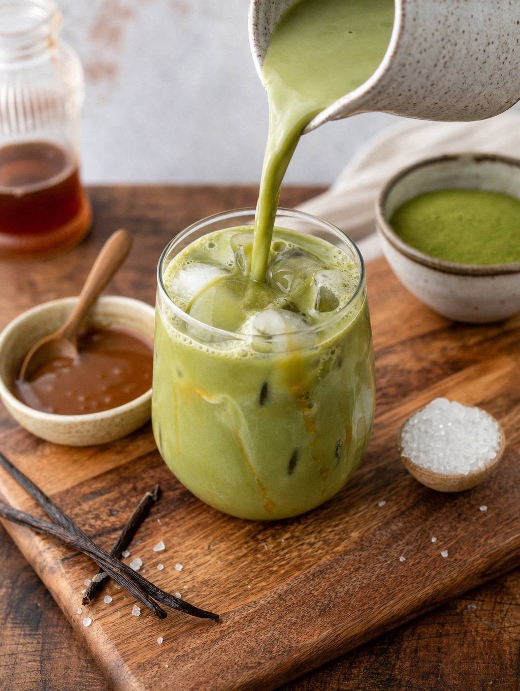 matcha layer being poured into glass over coconut milk and caramel sauce creating layered effect