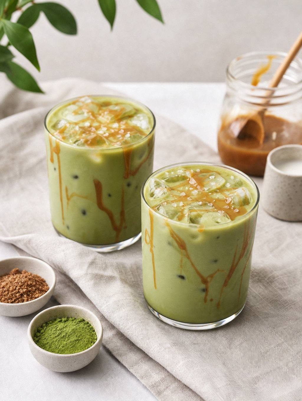 two finished salted caramel matcha lattes in clear glasses showing green layers styled on table