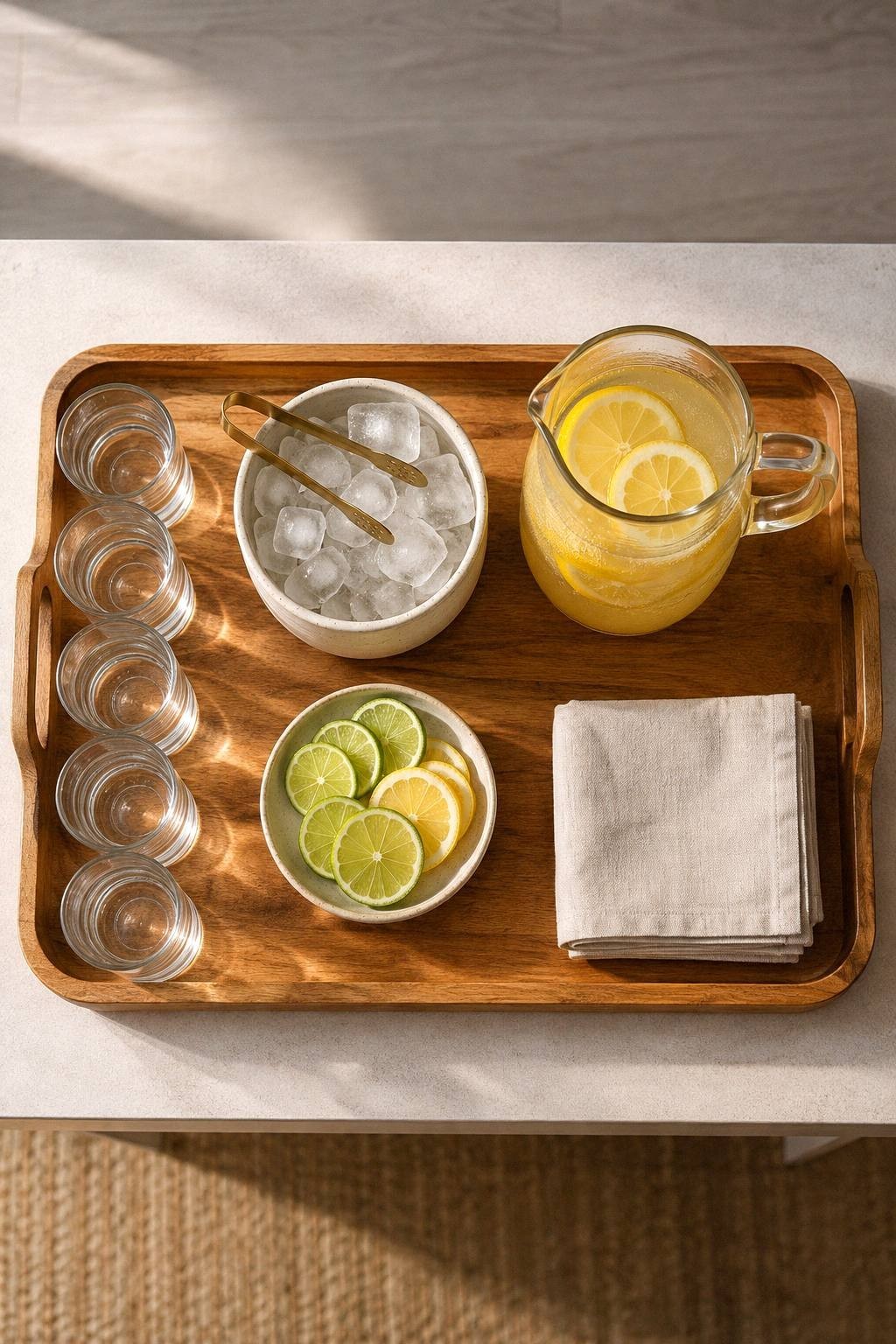 An overhead view of a drink station laid out on a tray in order: stacked glasses, a small ice bucket with tongs, a pitcher, a bowl of citrus wheels, and folded napkins