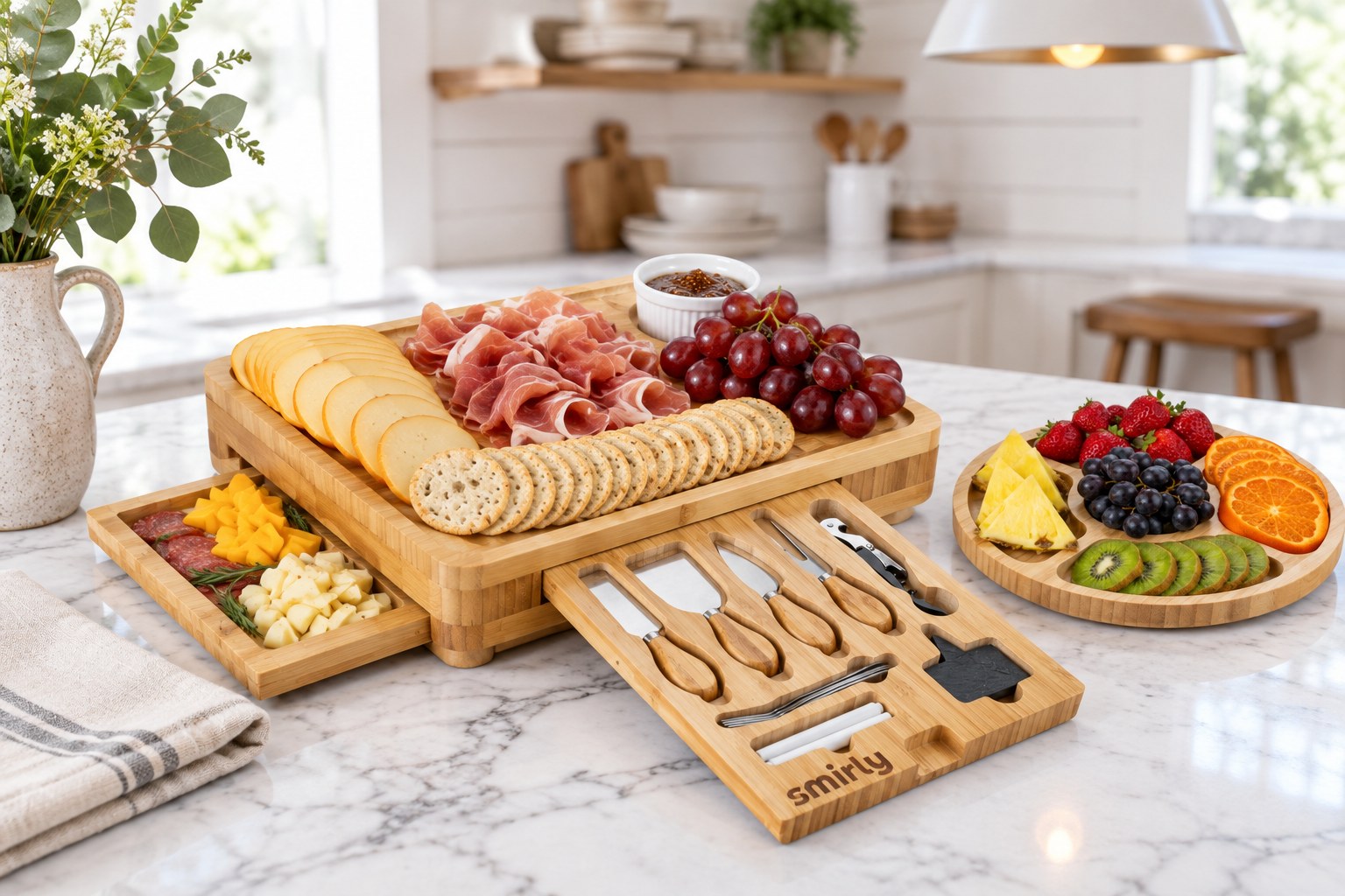 SMIRLY bamboo charcuterie board set with its drawers open, cheese knives, gouda, prosciutto, grapes and a round fruit tray on a marble kitchen island