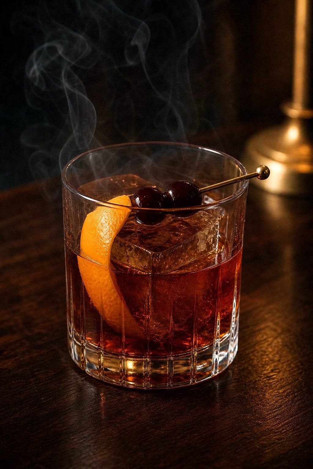 Rocks glass of smoked cherry old fashioned with a large ice cube, orange peel, and two brandied cherries on a dark wooden bar surface